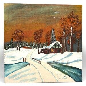 Winter Scene Painting Hand‎ Painted Original Acrylic Rough Wood Raw Edge Signed
